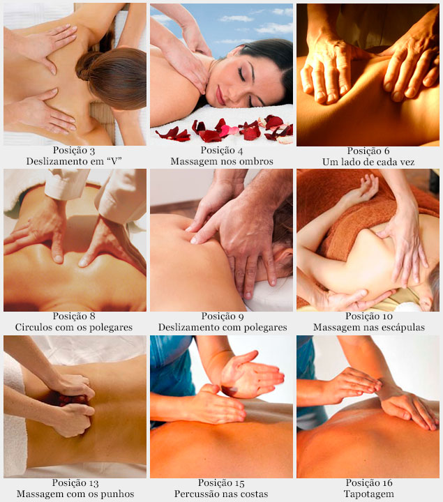 Fotos com o passo a passo sobre como fazer massagem nas costas